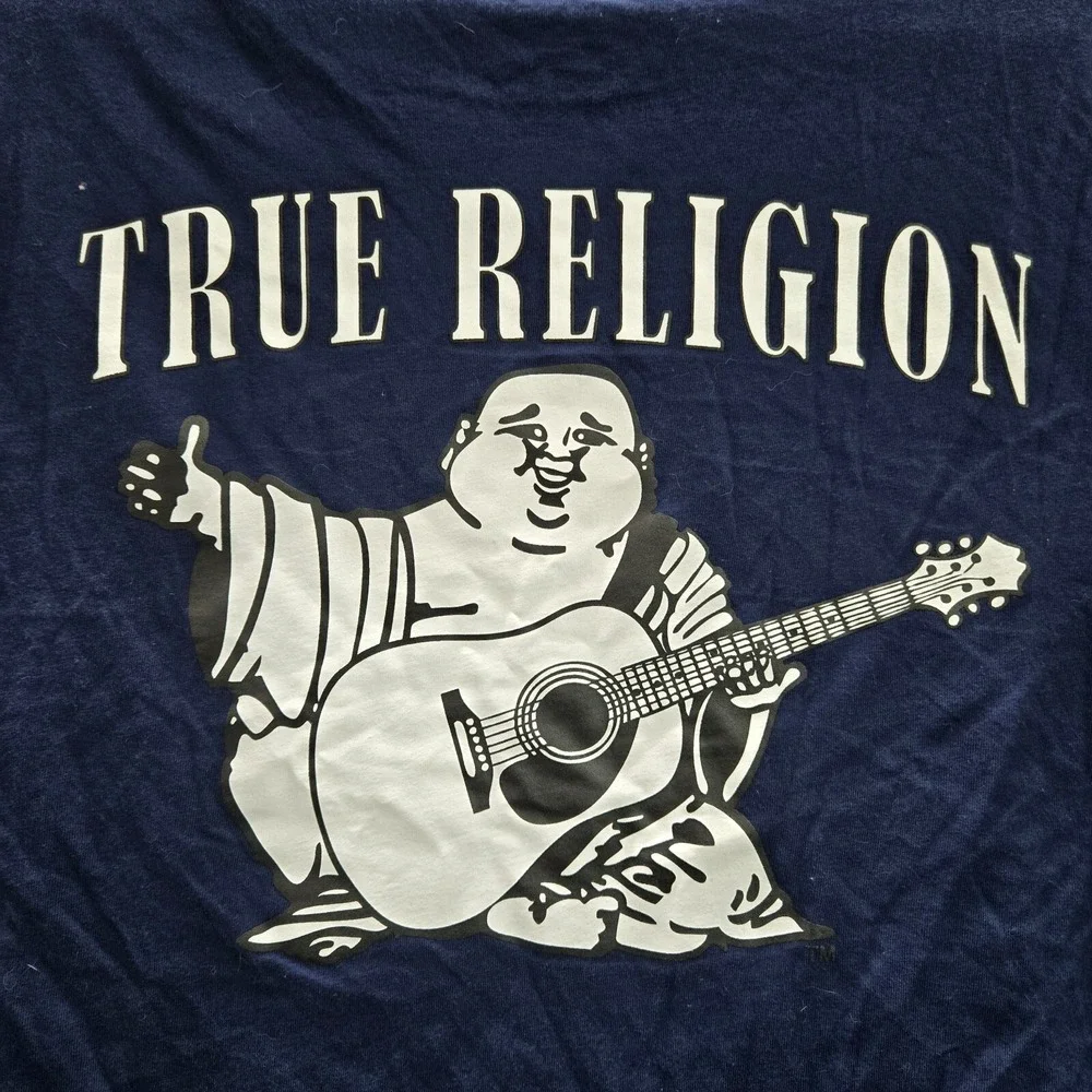True‎ Religion Men Shirt L Blue Buddha Guitar Short Sleeve Cotton Logo